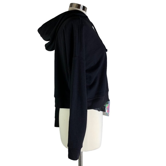 Calvin Klein Jeans Silver CK Spell Out Logo Black Hooded Factory Crop Sweatshirt - Picture 3 of 8